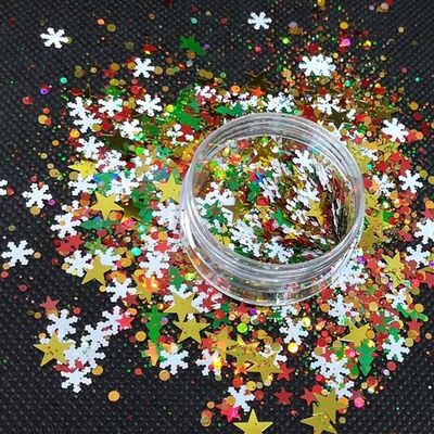 OEM كريسماس براقة قلب زهرة على شكل أظافر كبيرة الفن الوجه الجسم DIY الحرفيات مواد الزجاج بي تي 1 كجم الحد الأدنى للطلب